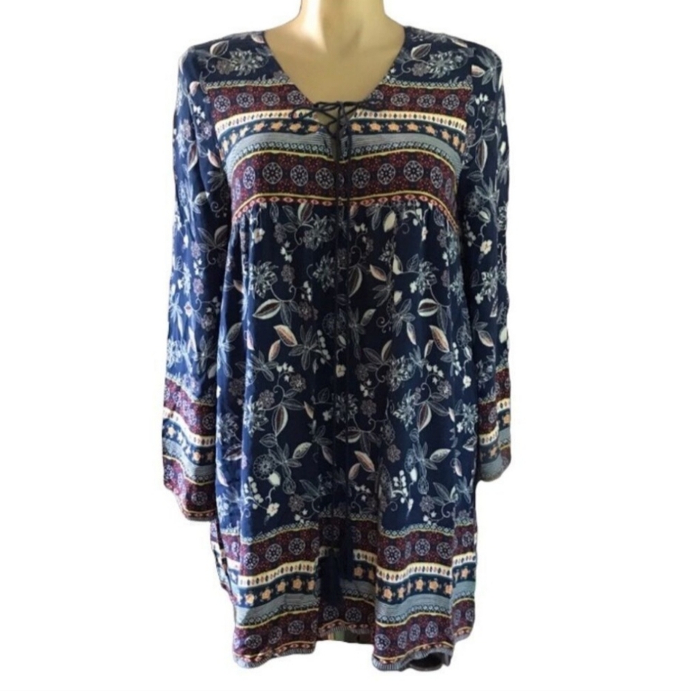 Perch by Blu Pepper Floral Blue Women's Tunic Top size 1XL